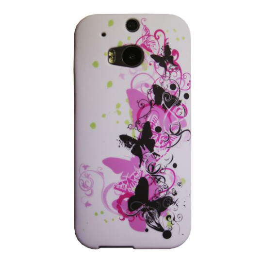 HTC One M8 - Gumiran ovitek (TPUP) - Pink&black butterfly