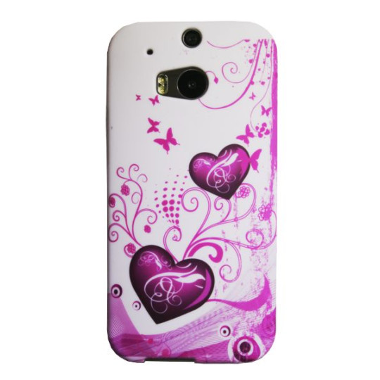 HTC One M8 - Gumiran ovitek (TPUP) - White pink hearts