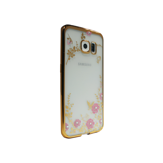 Samsung Galaxy S6 Edge - Gumiran ovitek (TPUE) - zlat rob - roza rožice