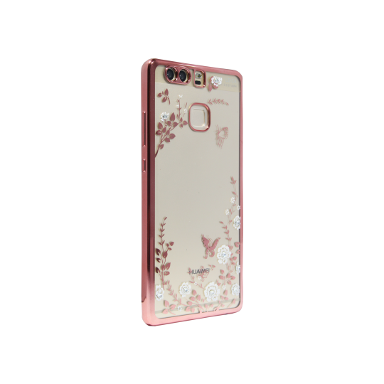 Huawei P9 - Gumiran ovitek (TPUE) - roza rob - bele rožice