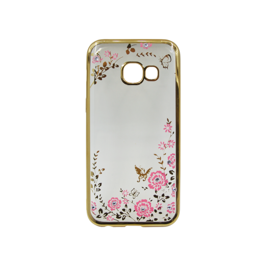 Samsung Galaxy A3 (2017) - Gumiran ovitek (TPUE) - zlat rob - roza rožice