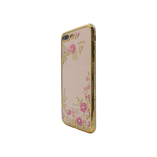 Apple iPhone 7 Plus/8 Plus - Gumiran ovitek (TPUDE) - zlat rob - roza rožice