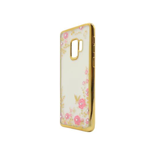 Samsung Galaxy S9 - Gumiran ovitek (TPUE) - zlat rob - roza rožice
