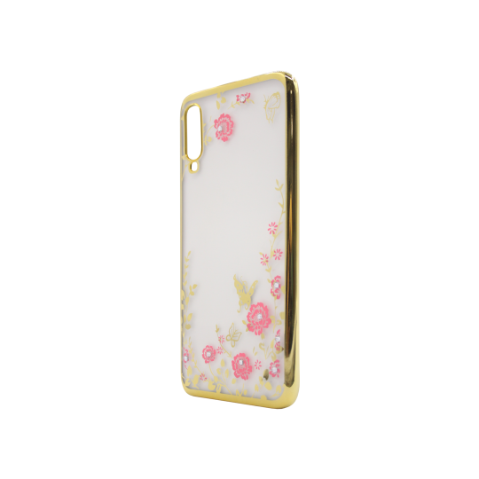 Samsung Galaxy A70 - Gumiran ovitek (TPUE) - zlat rob - roza rožice