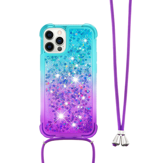 Apple iPhone 12, 12Pro - Gumiran ovitek z vrvico (TPUVr) - Modro vijoličen s tekočimi srčki