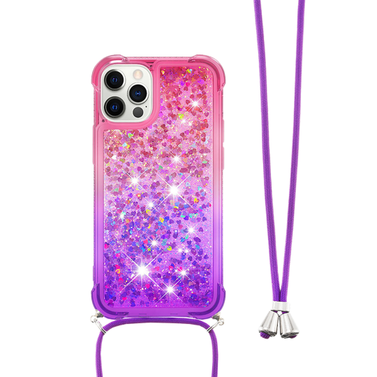 Apple iPhone 12, 12Pro - Gumiran ovitek z vrvico (TPUVr) - Roza vijoličen s tekočimi srčki
