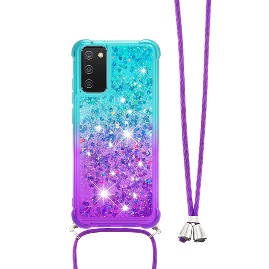 Samsung Galaxy A03s - Gumiran ovitek z vrvico (TPUVr) - Modro vijoličen s tekočimi srčki