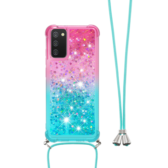 Samsung Galaxy A03s - Gumiran ovitek z vrvico (TPUVr) - Roza mint s tekočimi srčki