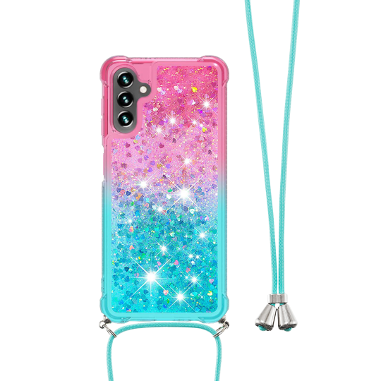 Samsung Galaxy A13 5G/A04s - Gumiran ovitek z vrvico (TPUVr) - Roza mint s tekočimi srčki