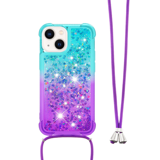 Apple iPhone 15 - Gumiran ovitek z vrvico (TPUVr) - Modro vijoličen s tekočimi srčki