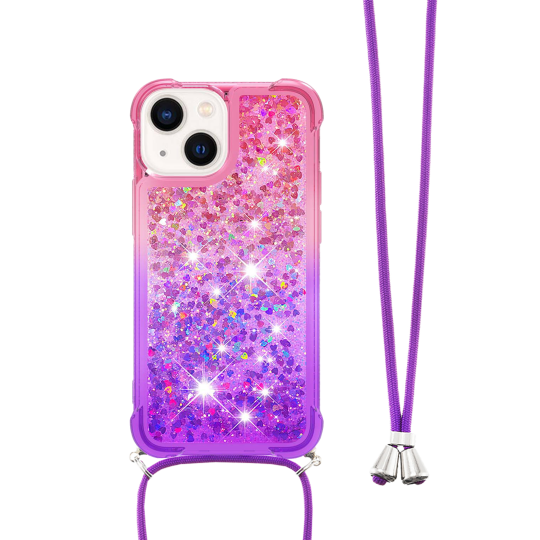 Apple iPhone 15 - Gumiran ovitek z vrvico (TPUVr) - Roza vijoličen s tekočimi srčki