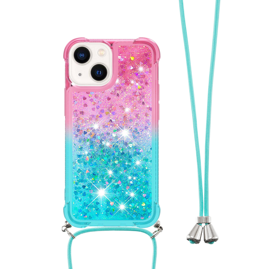 Apple iPhone 15 - Gumiran ovitek z vrvico (TPUVr) - Roza mint s tekočimi srčki