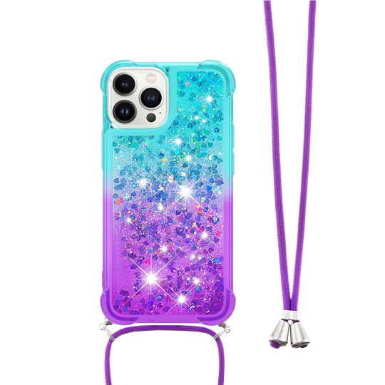 Apple iPhone 15 Pro - Gumiran ovitek z vrvico (TPUVr) - Modro vijoličen s tekočimi srčki