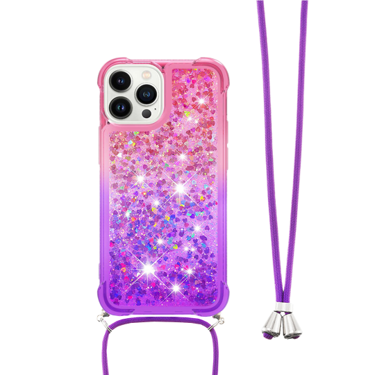 Apple iPhone 15 Pro - Gumiran ovitek z vrvico (TPUVr) - Roza vijoličen s tekočimi srčki