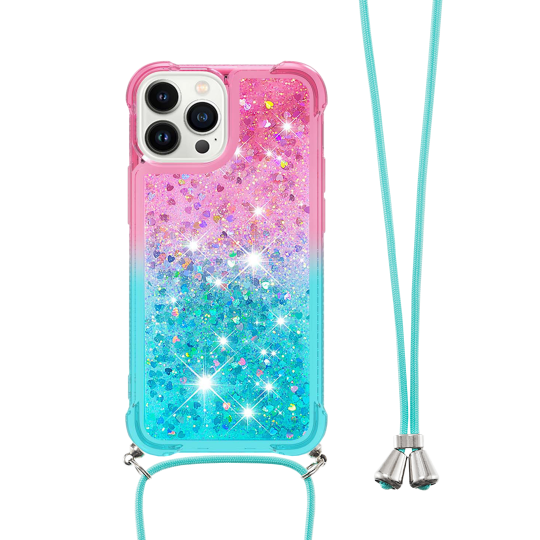 Apple iPhone 15 Pro Max - Gumiran ovitek z vrvico (TPUVr) - Roza mint s tekočimi srčki
