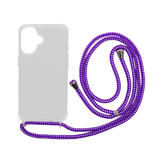 Apple iPhone 16 - Gumiran ovitek z vrvico (TPUVr) - Prozoren z vijolično-belo vrvico