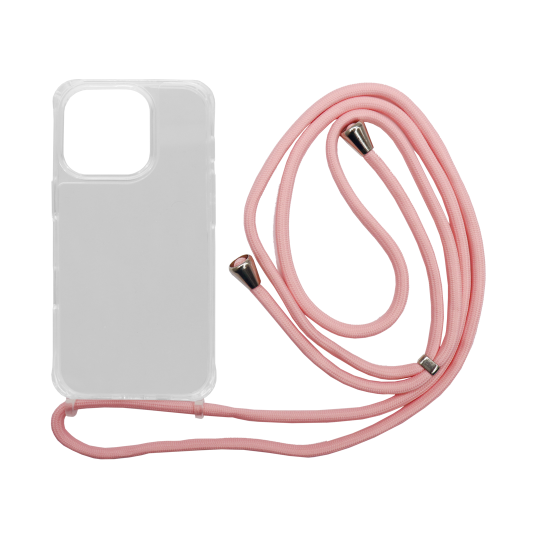 Apple iPhone 16 Pro - Gumiran ovitek z vrvico (TPUVr) - Prozoren z svetlo roza vrvico