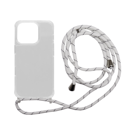 Apple iPhone 16 Pro Max - Gumiran ovitek z vrvico (TPUVr) - Prozoren z belo-črno vrvico