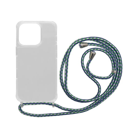 Apple iPhone 16 Pro Max - Gumiran ovitek z vrvico (TPUVr) - Prozoren z zeleno-modro vrvico