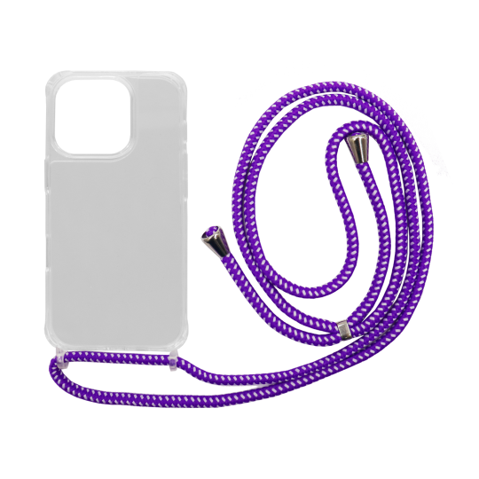 Apple iPhone 16 Pro Max - Gumiran ovitek z vrvico (TPUVr) - Prozoren z vijolično-belo vrvico
