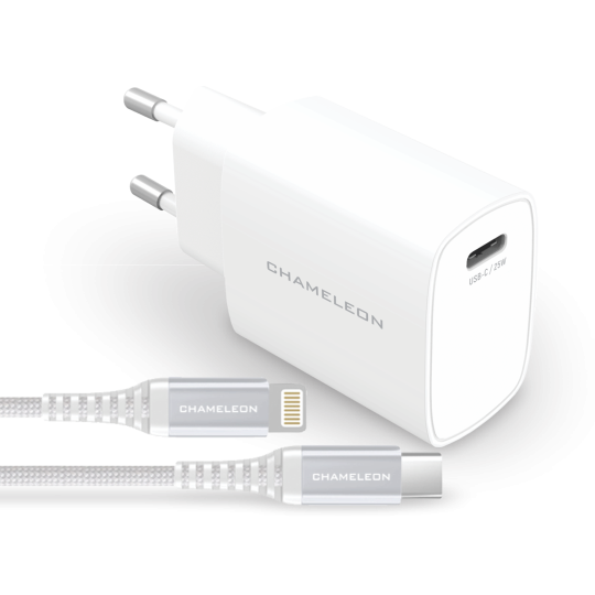Hišni polnilec - 25W GaN (PD 3.0, PPS), USB-C izhod, s kablom USB-C na Lightning - P826-GAN25W-EU - bel