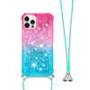 Apple iPhone 12, 12Pro - Gumiran ovitek z vrvico (TPUVr) - Roza mint s tekočimi srčki
