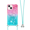 Apple iPhone 15 Plus - Gumiran ovitek z vrvico (TPUVr) - Roza mint s tekočimi srčki
