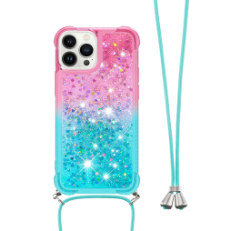 Apple iPhone 13 Pro - Gumiran ovitek z vrvico (TPUVr) - Roza mint s tekočimi srčki