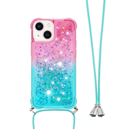 Apple iPhone 15 Plus - Gumiran ovitek z vrvico (TPUVr) - Roza mint s tekočimi srčki