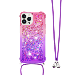 Apple iPhone 15 Pro - Gumiran ovitek z vrvico (TPUVr) - Roza vijoličen s tekočimi srčki